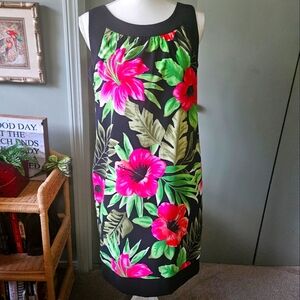 AGB Sleevelss Hawaiian Floral Midi Shift Dress Women 10 Black Green Pink